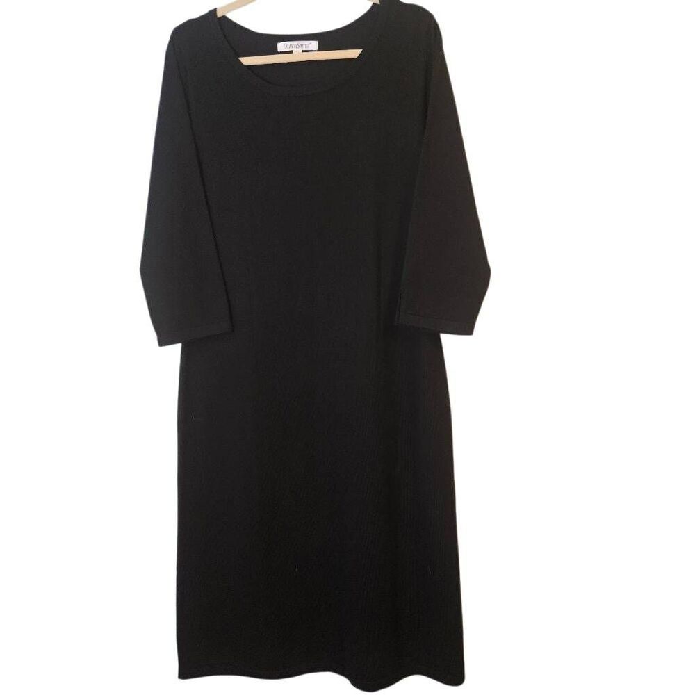 Travel Smith black wool blend knit dress, modest, midi. L.